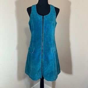 Artbro Vtg Corduroy Dress Teal Blue Sleeveless Pockets Full Zip Front 60s 70s
